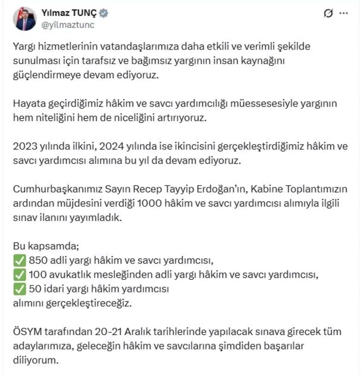 adalet bakani tunc bin hakim ve savci yardimcisi alimiyla ilgili sinav ilanini yayimladik Msmq9ala.jpg